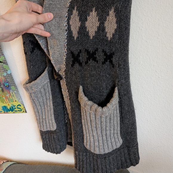 Free People Lambswool Sweater Vest Cardigan Long Sz Medium Fair Isle Grey - Picture 2 of 8